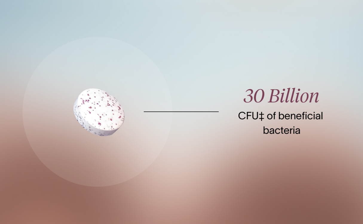 A visual of the Viome Oral Lozenge and its benefit of 30 billion CFU of beneficial bacteria