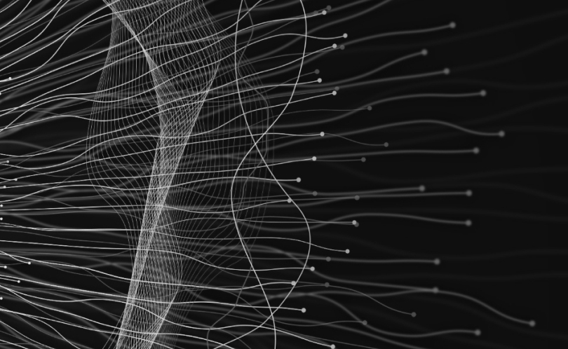 A black digital image with silver DNA strands, visually demonstrating how Viome maps customer data