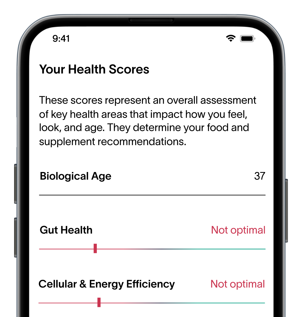 A picture of smartphone screen of the Viome app showing Health Scores that determine food and supplement recommendations.