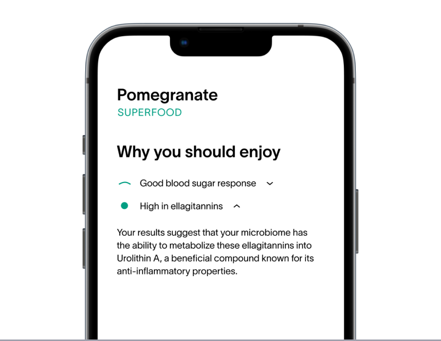 A smartphone screen showing Viome-recommended superfood - Pomegranate
