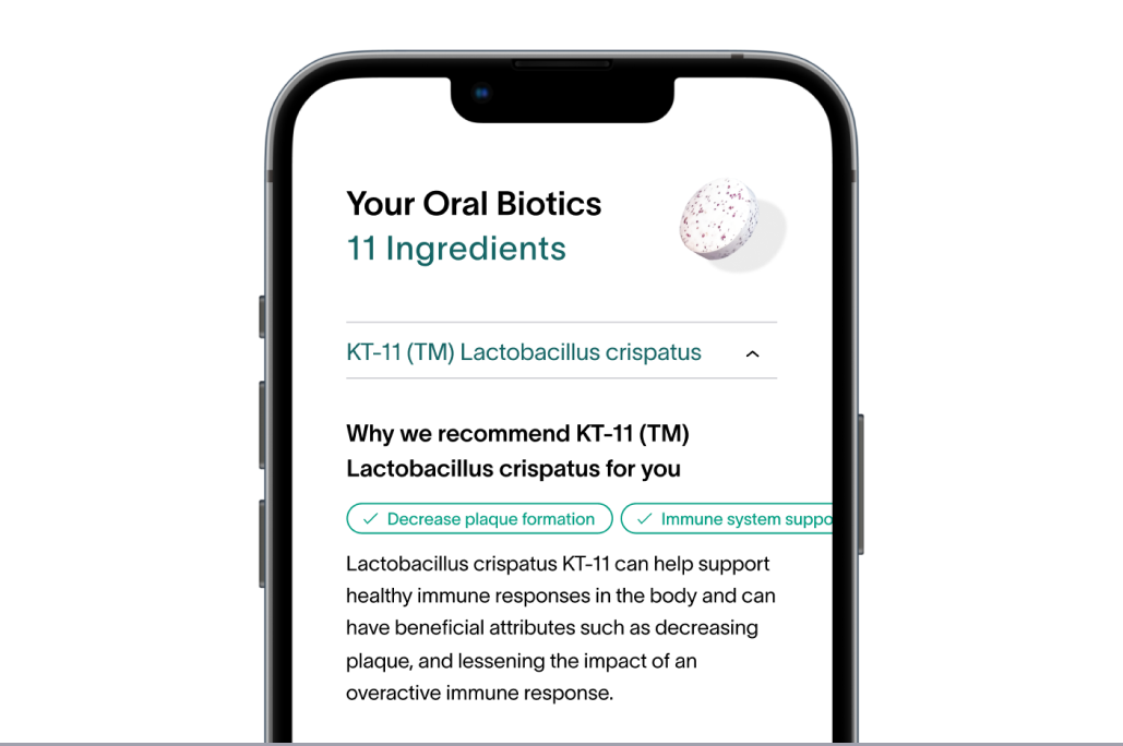 A smartphone screen from the Viome app, showing an example customer’s Oral Biotic recommendations